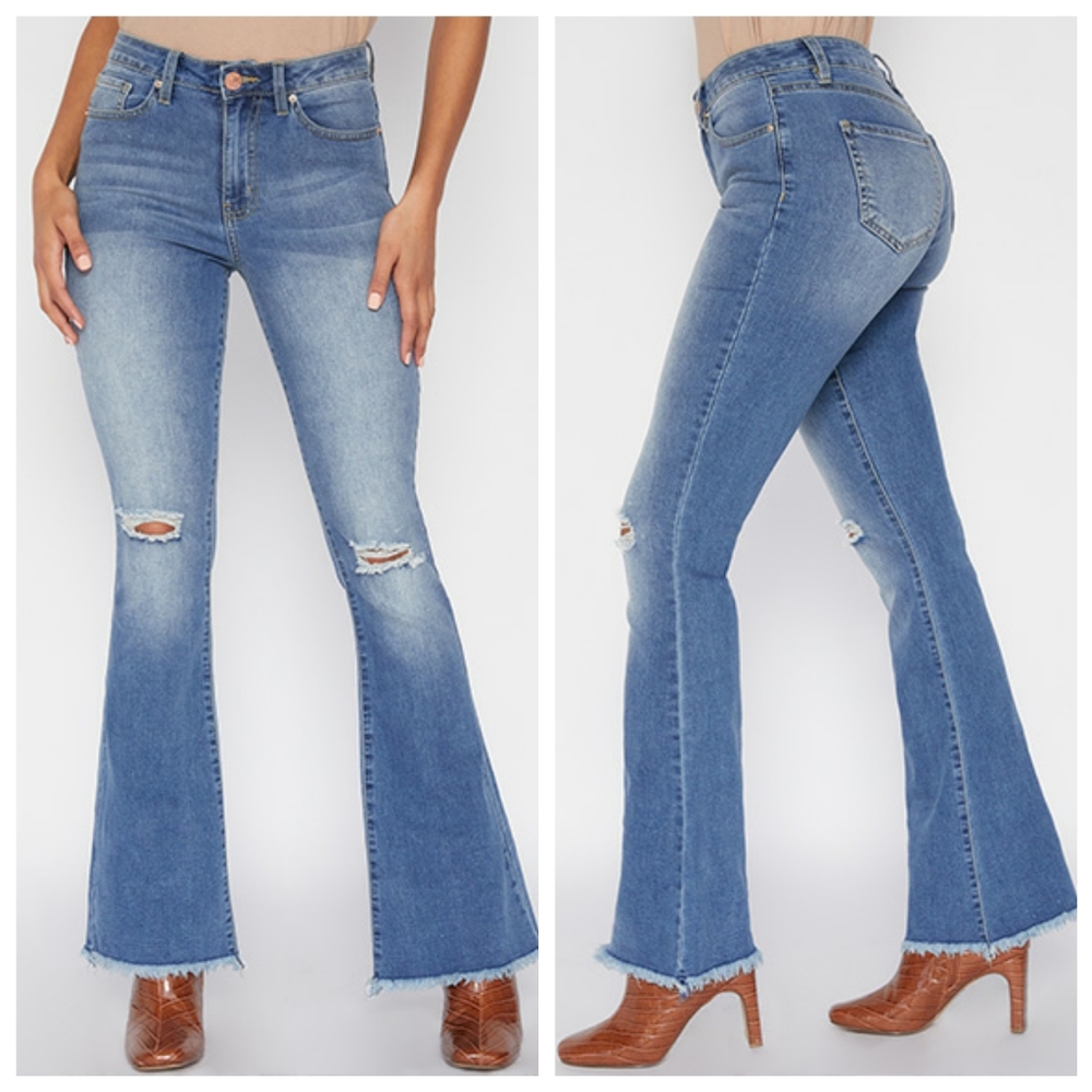 YMI High Rise Super Flare Rip+Tear Jeans